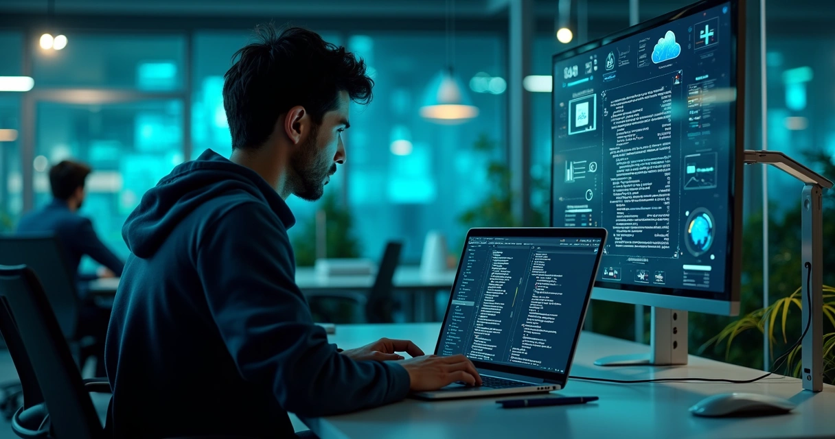 Programador usando laptop com códigos de API para emissão de nota fiscal, gráficos digitais e interface de software em fundo tecnológico
