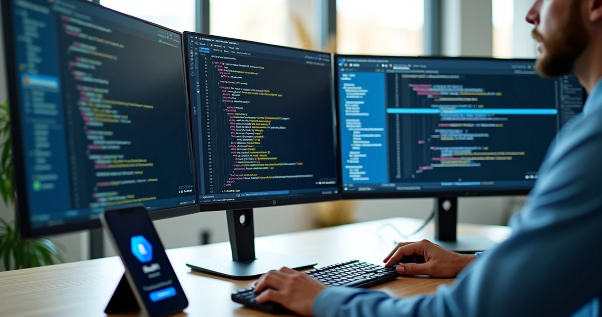 Programador integrando SDK Pix em sistema usando computador com códigos e telas de interface de pagamento 
