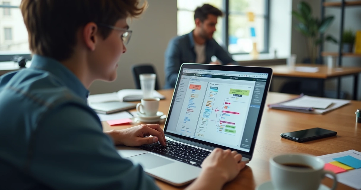 Desenvolvedor usando plataforma low-code em um notebook, tela mostra blocos coloridos conectados 