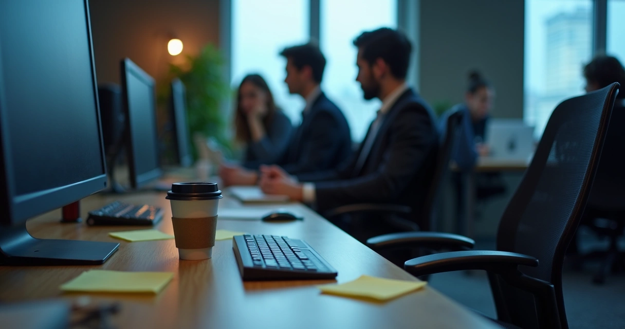 Mesa vazia em escritório de tecnologia com computador desligado 