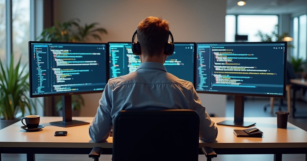 Programador trabalhando com múltiplas telas exibindo diferentes códigos e gráficos 