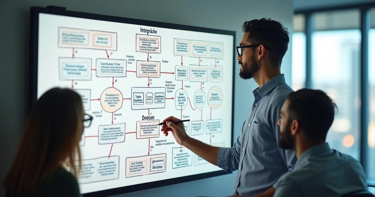 Desenvolvedor desenhando fluxos de sistema em quadro branco 