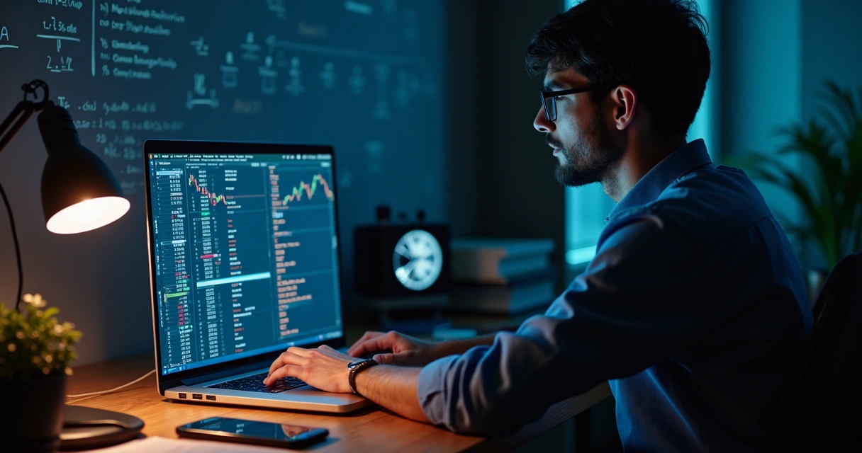 Pessoa criando código de trading quant usando notebook e gráficos 
