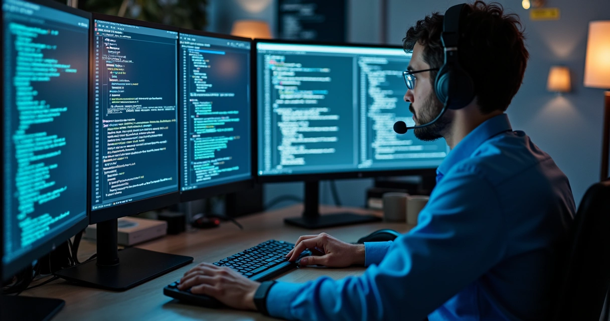 Desenvolvedor SAP ABAP codificando relatório ALV em ambiente de trabalho com múltiplos monitores mostrando códigos e tabelas complexas 