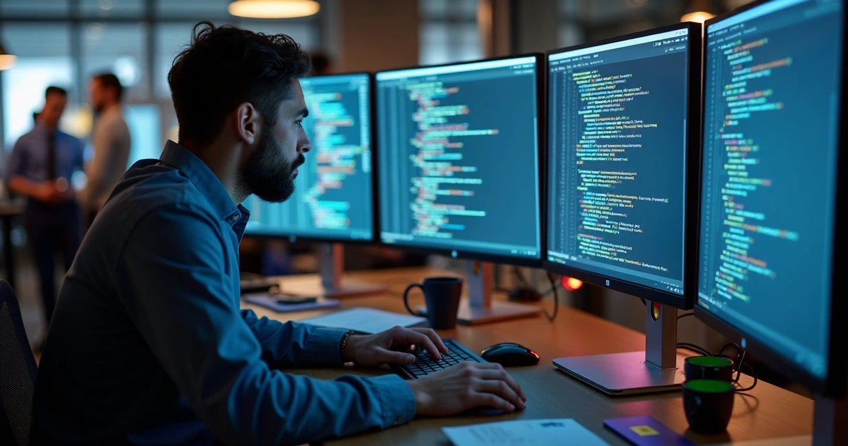Programador concentrado escrevendo código em telas grandes 