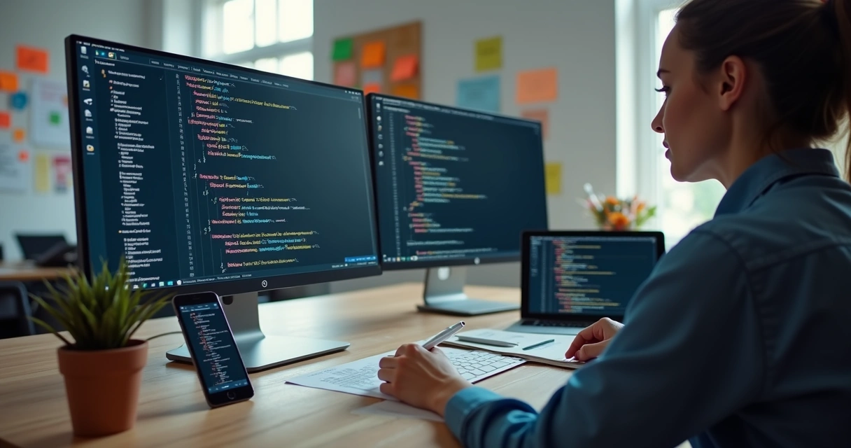 Profissional ajustando código de site em vários dispositivos 