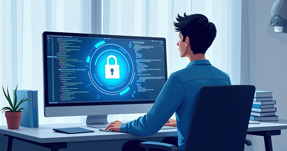 Pessoa programando em computador com símbolo de cadeado no monitor 