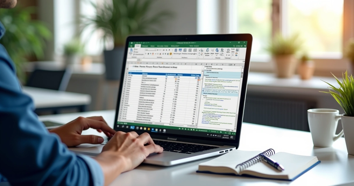 Programador usando computador com planilha Excel aberta e código VBA visível na tela 