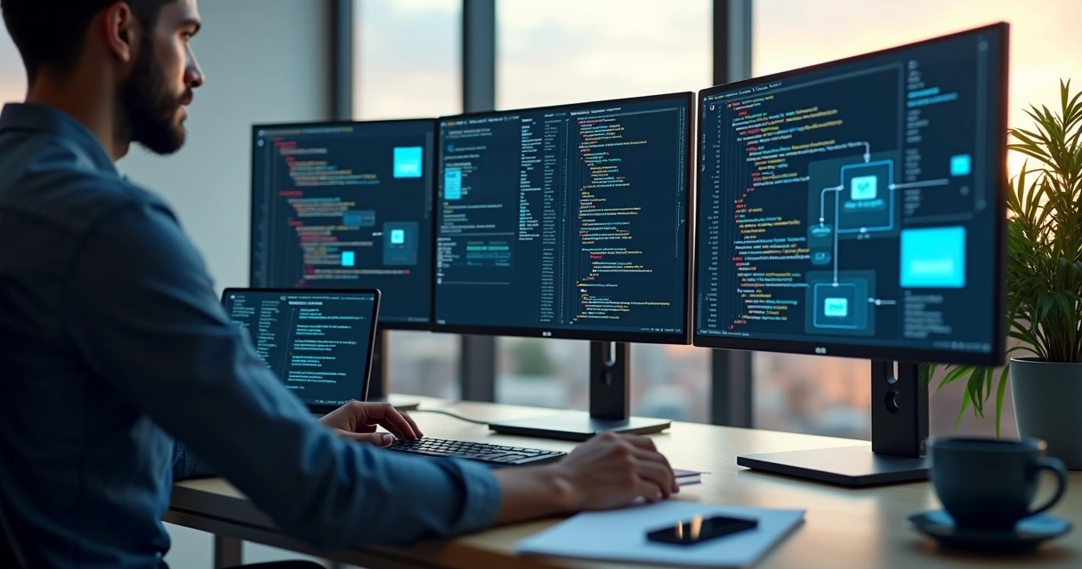 Programador desenvolvendo aplicação web usando Laravel em ambiente moderno com múltiplas telas e código visível 