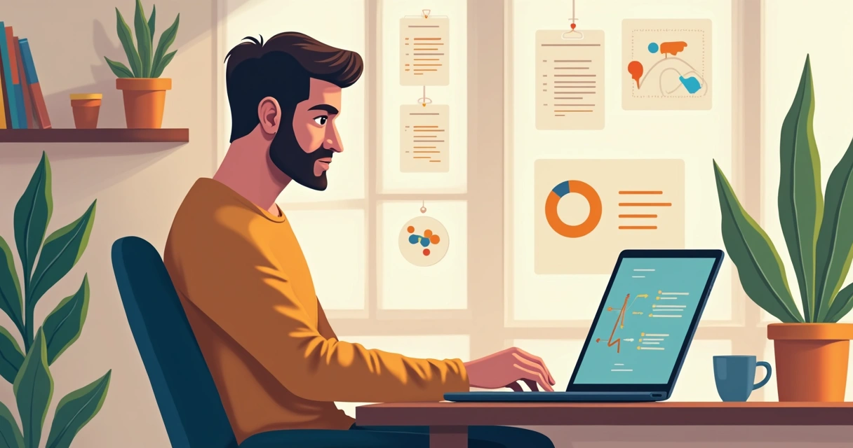Programador em home office com café, laptop e quadros de código na parede. 
