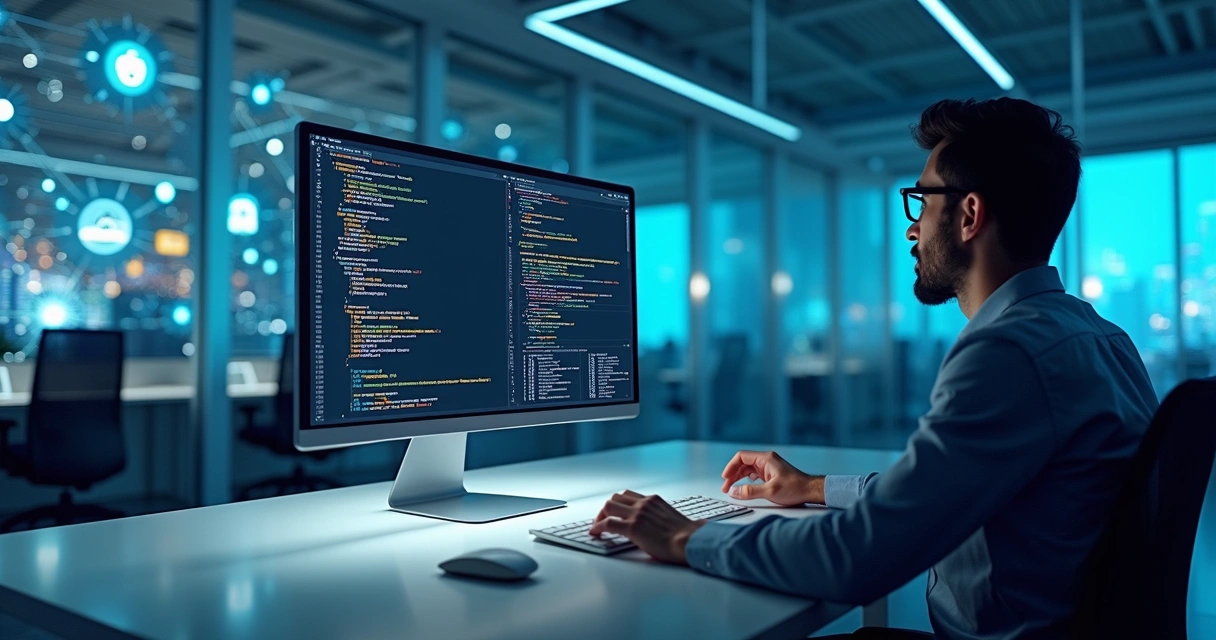 Programador usando computador com códigos de API de banco digital na tela, ambiente moderno e iluminação suave 