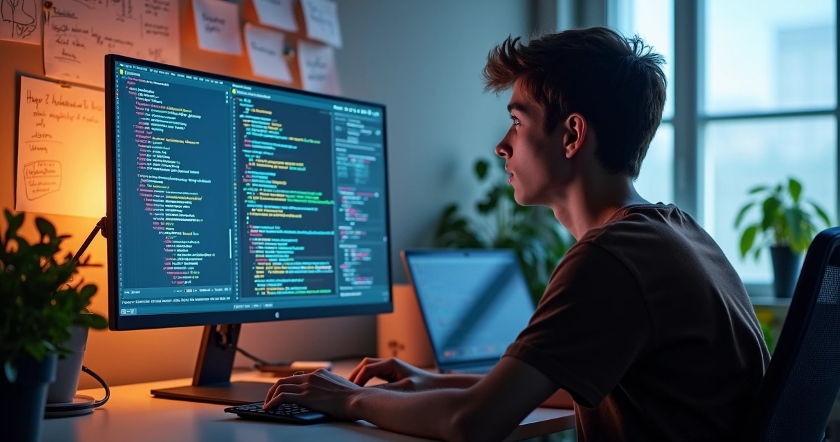 Programador utilizando agentes de codificação na tela 