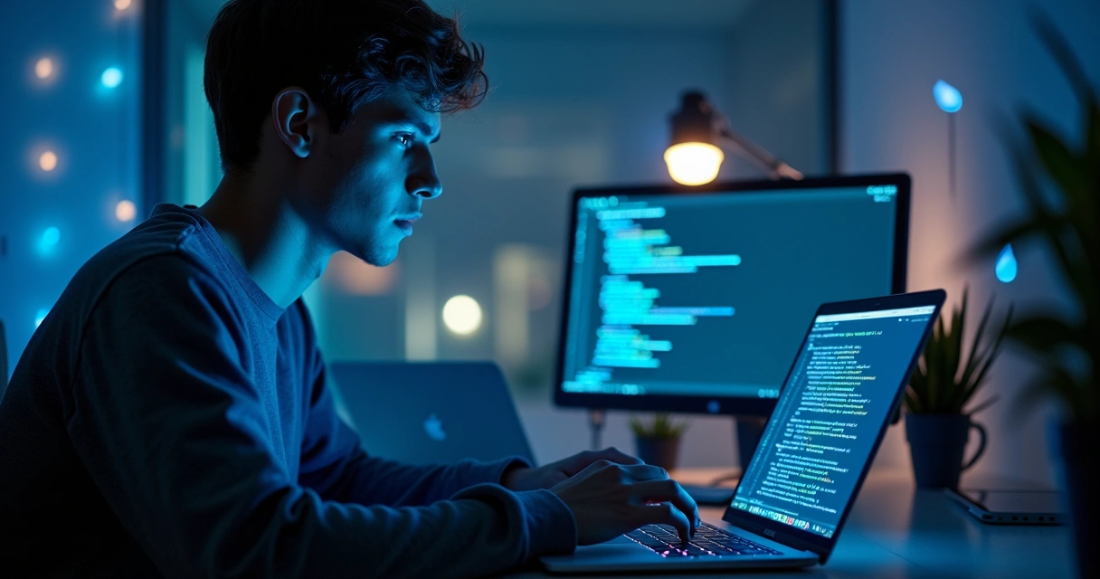 Homem digitando em laptop com interface de IA no monitor
