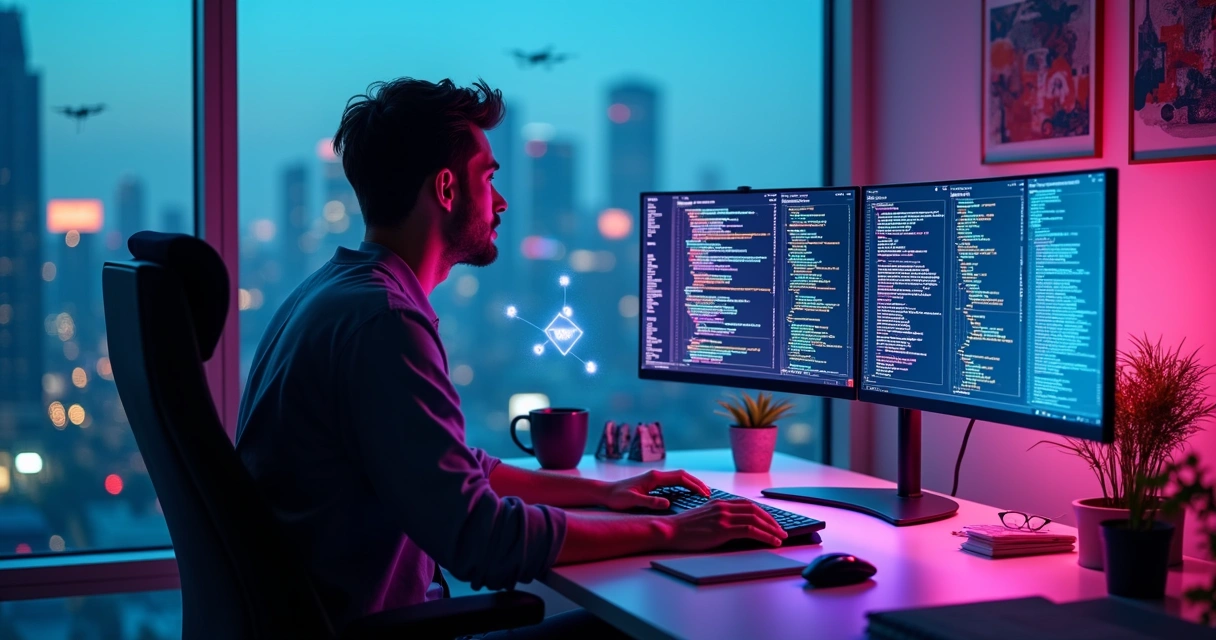 Pessoa programando em ambiente futurista com múltiplas telas e interface de IA ao redor 