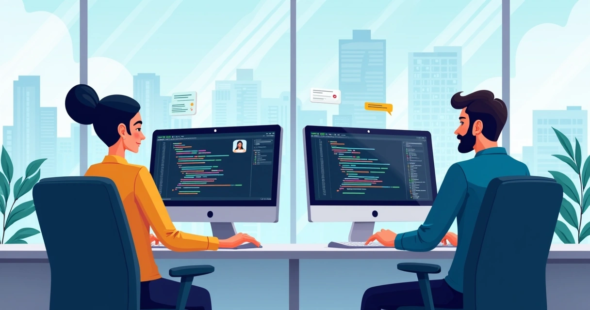 Dois programadores trabalhando lado a lado em frente a telas de computador