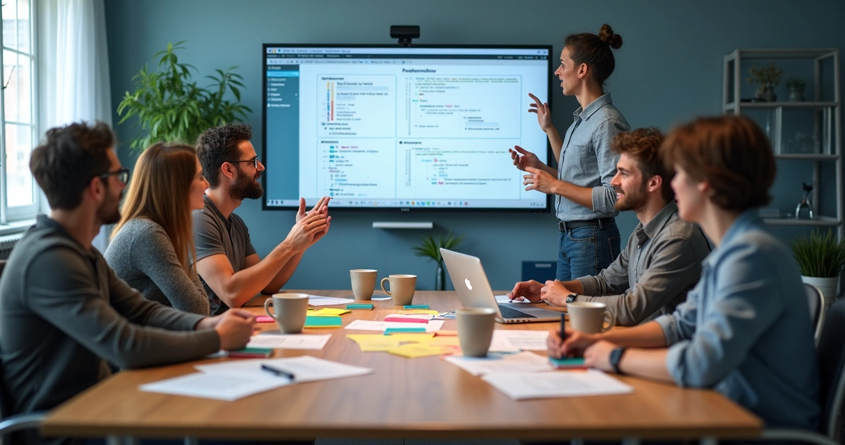 Equipe de programadores discutindo frameworks web com anotações em mesa 