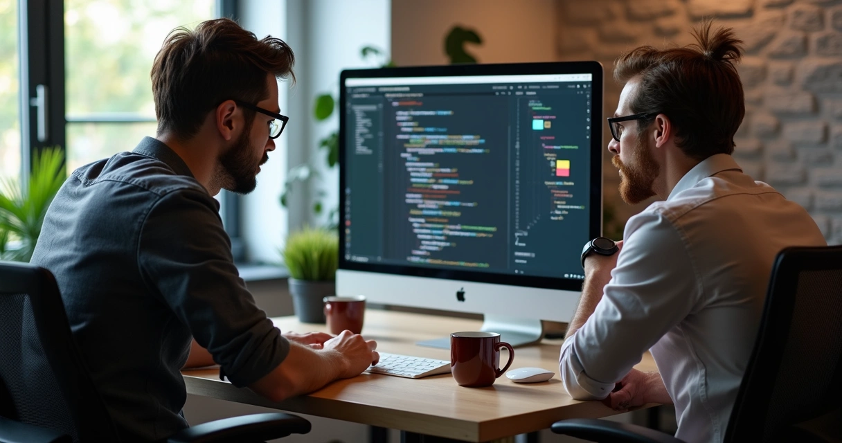 Dois programadores discutindo código na tela de computador 