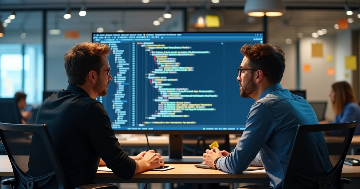 Developer code review meeting in open workspace 