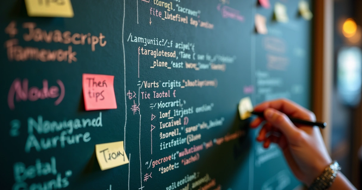 Chalkboard filled with programming languages and code snippets, hand writing code 