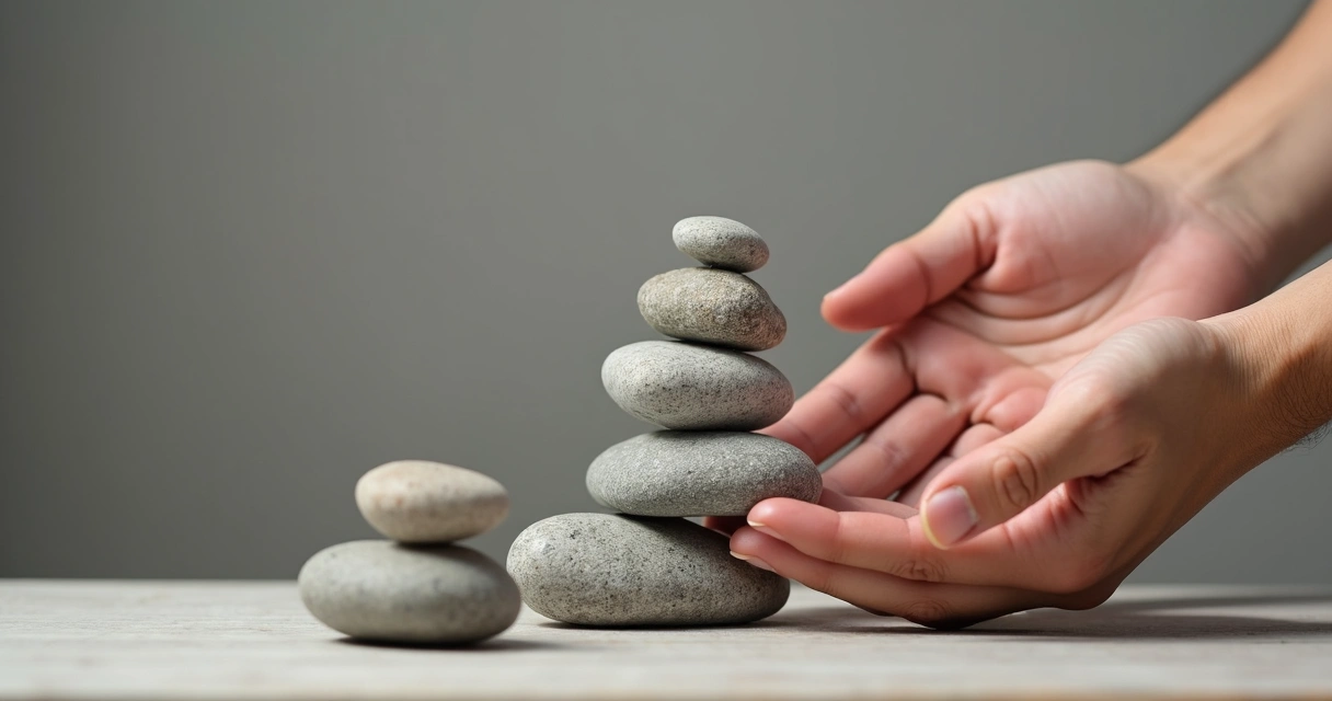 Manos apilando piedras lisas de diferentes tamaños en equilibrio 
