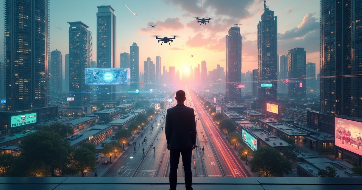 Ciudad futurista dividida entre armonía y caos por el impacto del progreso tecnológico 