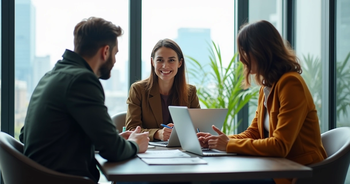 A small team sits in a circle in a bright office, engaged in a progress feedback session 