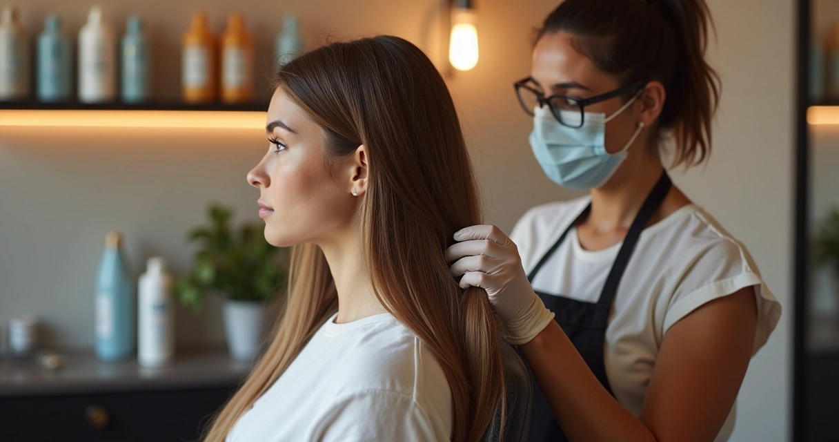 Profissional aplicando progressiva em cabelo feminino 