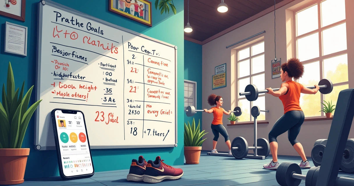 Ambiente de academia organizado com quadro de progresso, tênis, smartphone com app de fitness e halteres.