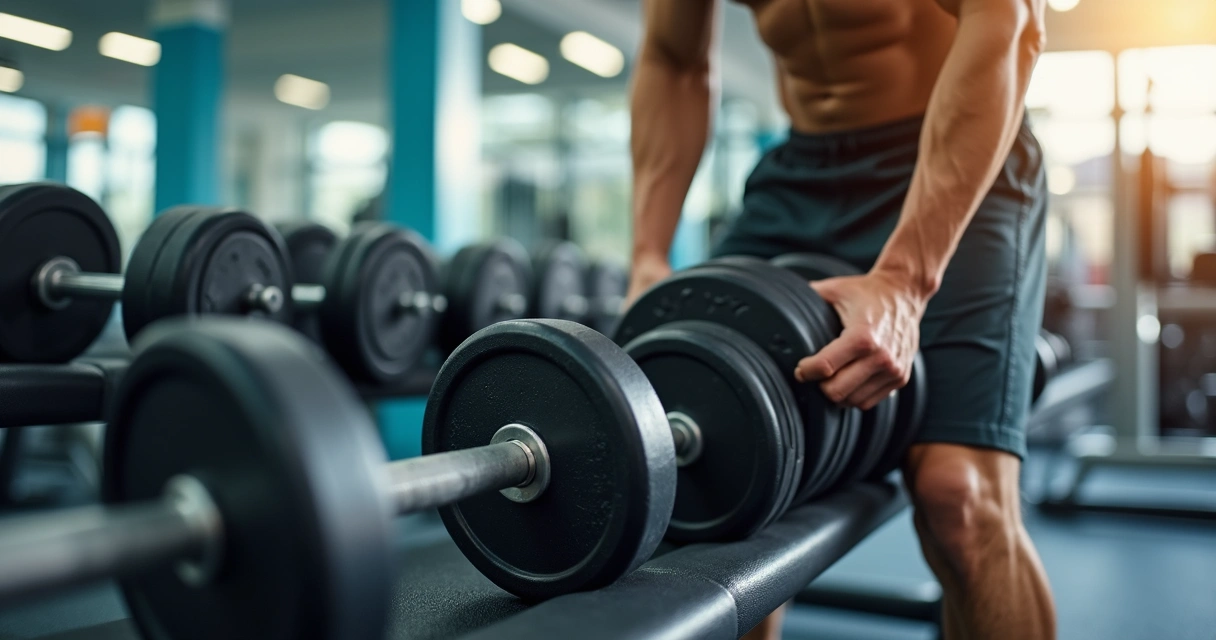 Pessoa ajustando peso de halter em academia