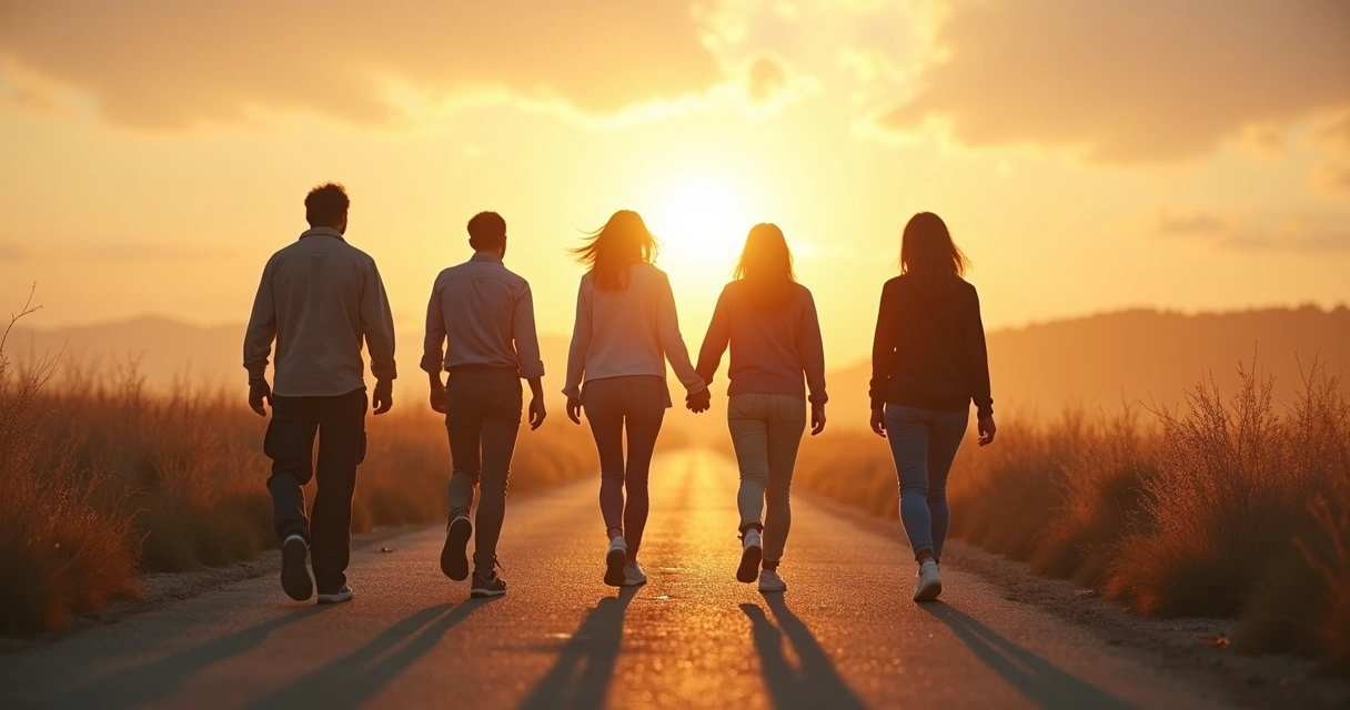 Várias pessoas caminhando juntas em direção a um horizonte luminoso, simbolizando progresso coletivo 