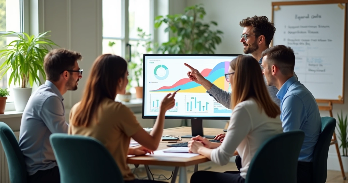Equipe de pequena empresa reunida em torno de computador analisando gráficos de progresso 