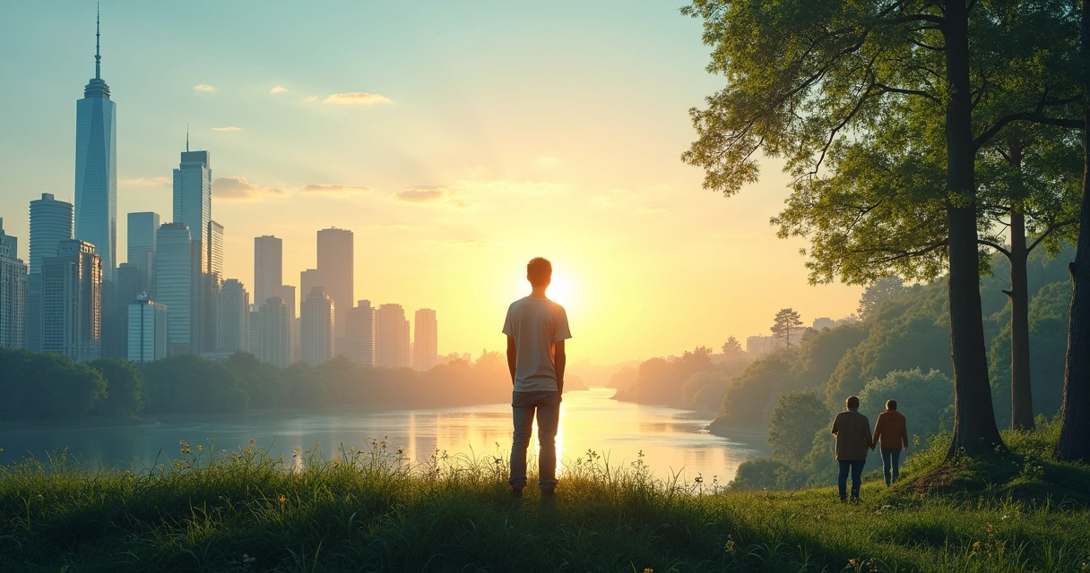 Pessoa em pé em frente a cidade equilibrando natureza e gráficos econômicos 