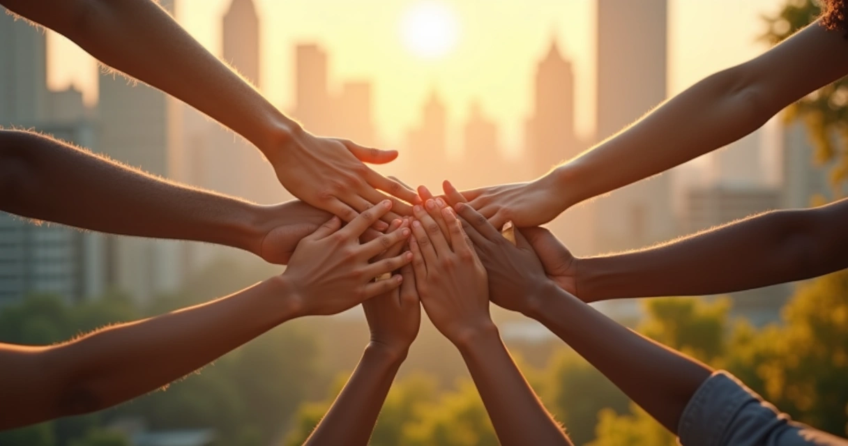 Progresso humano simbolizado por mãos dadas de pessoas diversas 