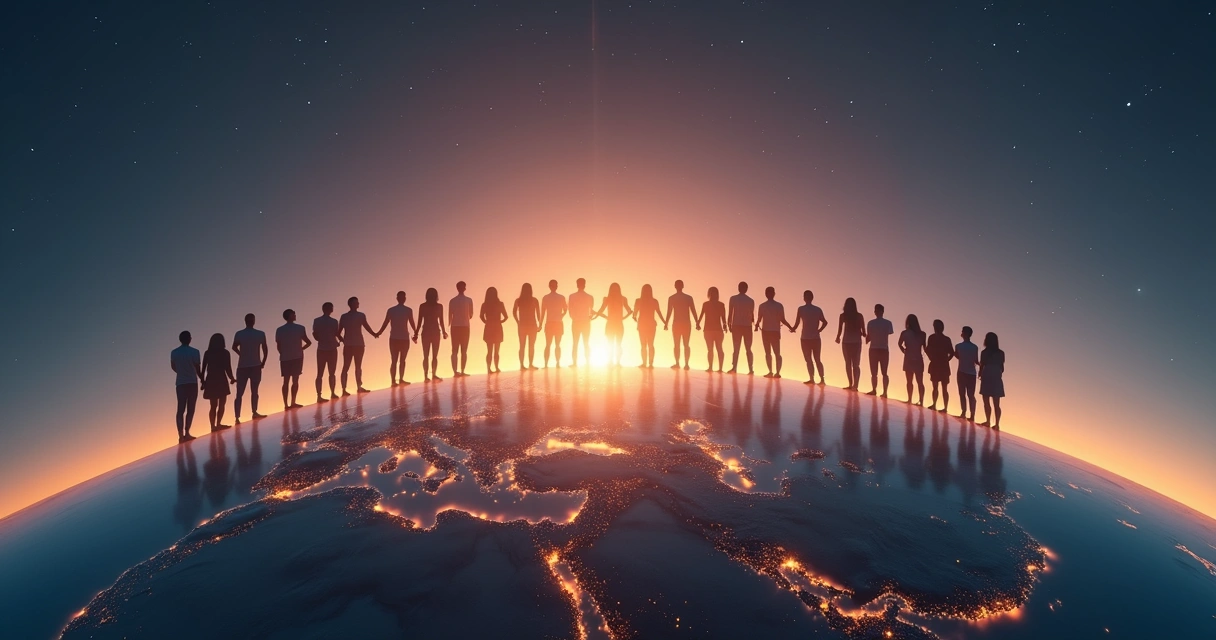 Grupo diverso conectado por rede luminosa representando impacto humano global 