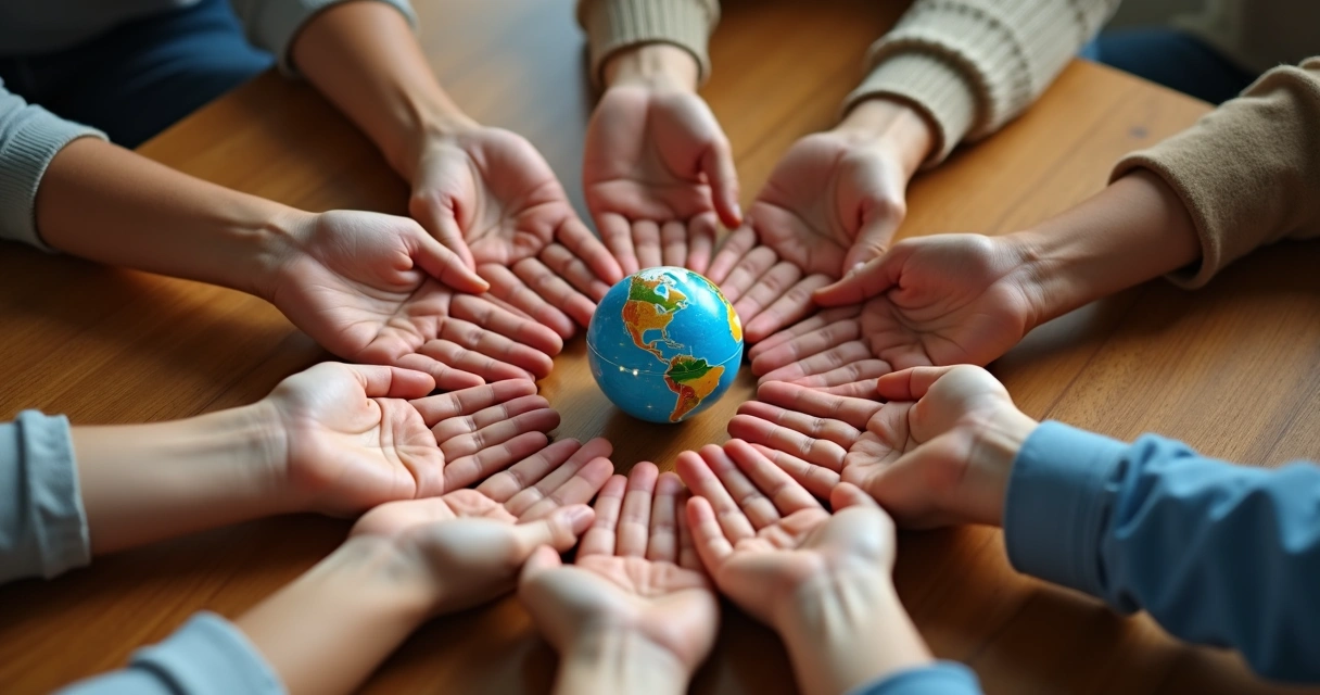 Mãos de várias pessoas conectadas formando um círculo, representando progresso humano global 