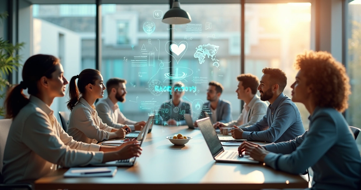 Reunião diversa em mesa redonda com ícones de progresso humano e tecnologia ao fundo 