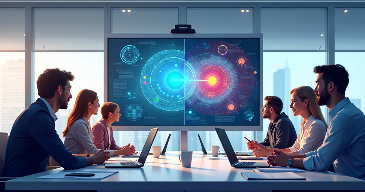 Duas equipes analisando progresso em integração de IA e legado em sala de reunião 