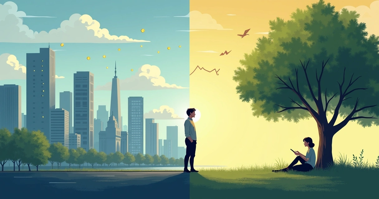 Pessoa dividida entre crescimento financeiro e equilíbrio emocional 