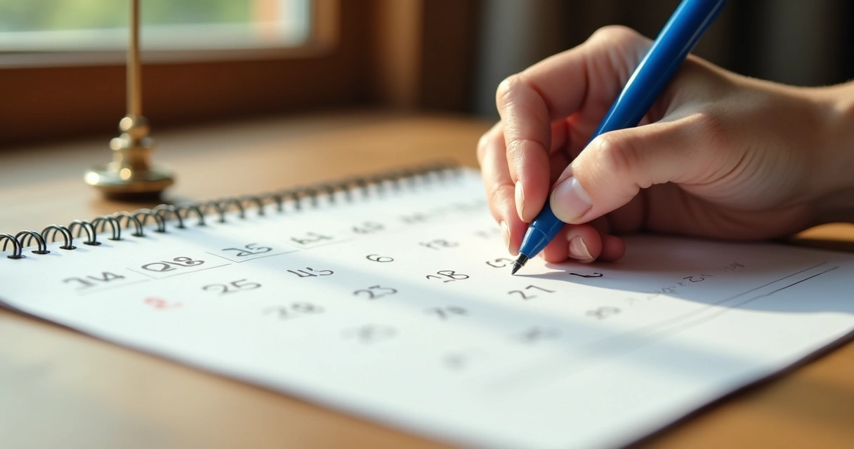 Mão marcando dias em um calendário, simbolizando progresso na meditação