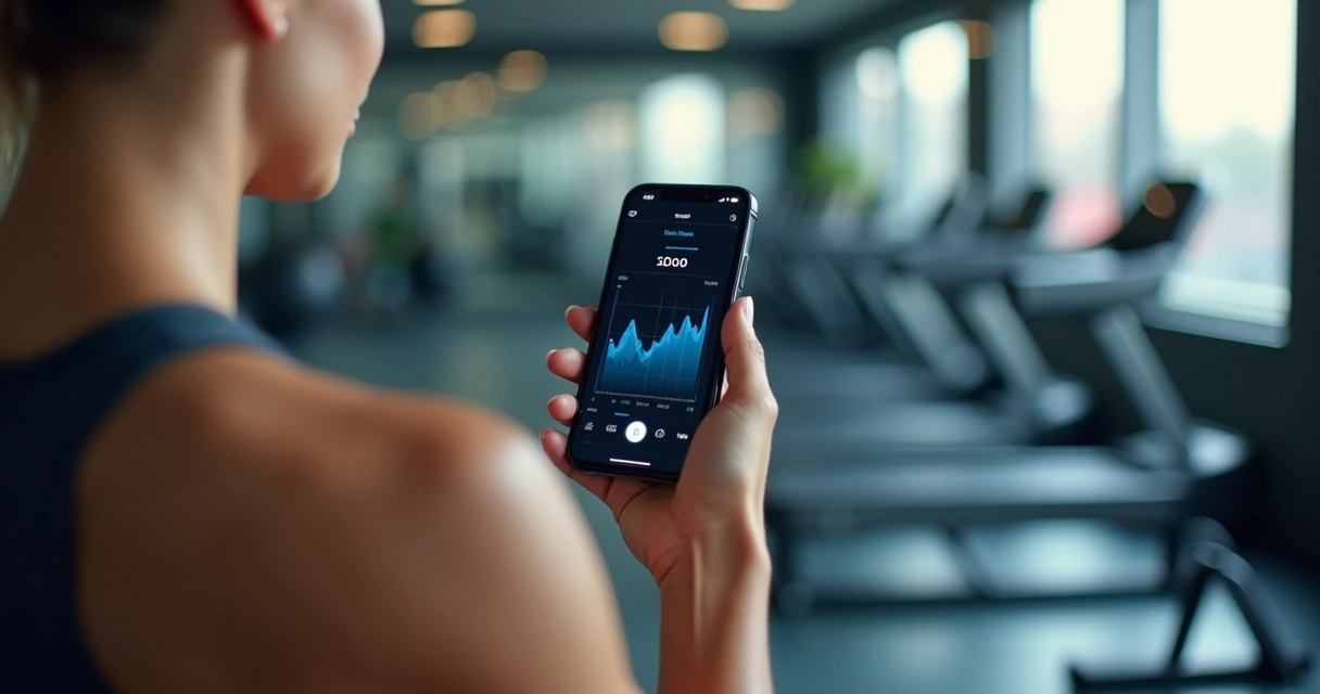 Pessoa olhando evolução de treino no celular na academia