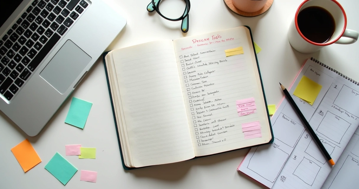 Caderno com checklist de estudo ao lado de notebook 