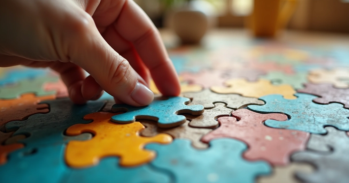 Mão colocando peça de quebra-cabeça em metade de um mosaico colorido. 