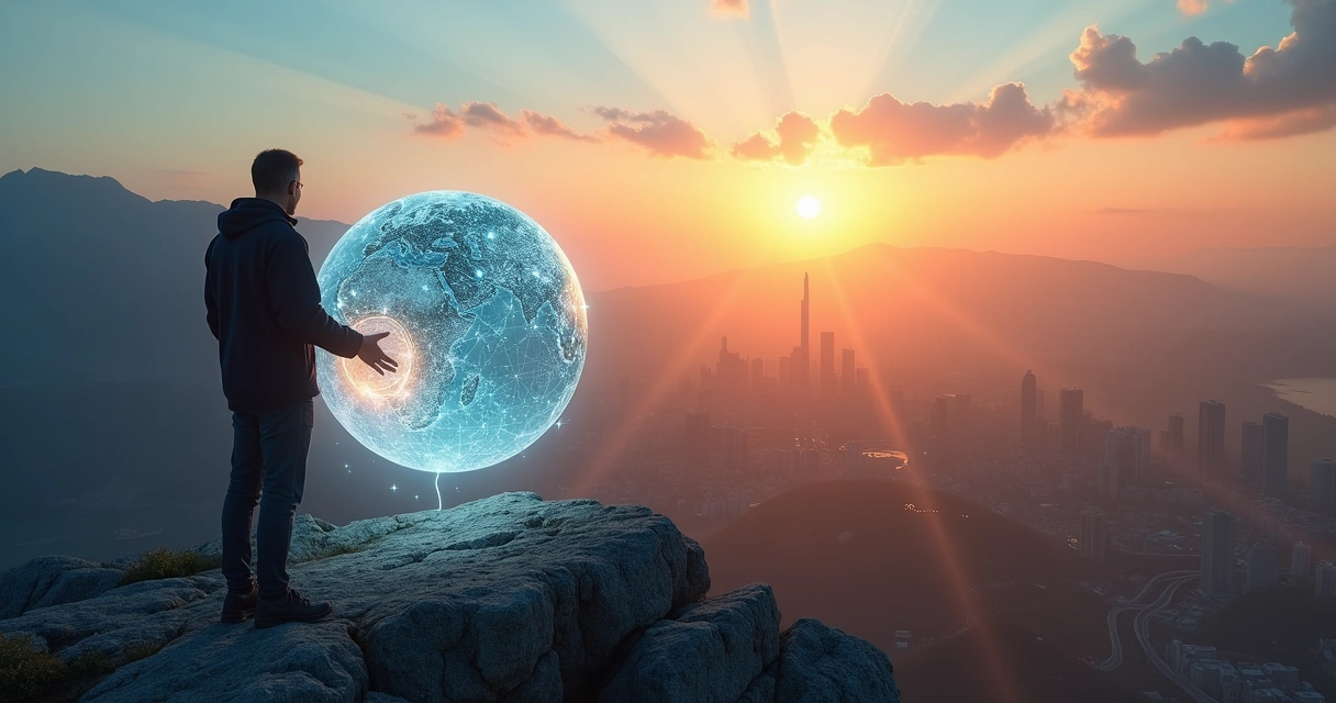 Pessoa em montanha tocando um globo luminoso conectado a uma cidade ao fundo 