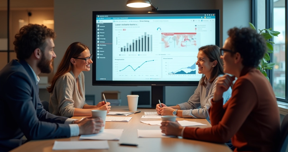 Progresso de implementação do lead scoring em ambiente empresarial com equipes analisando dados