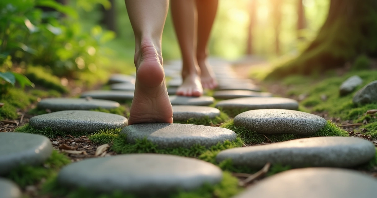 Pés caminhando sobre pedras em caminho de equilíbrio 