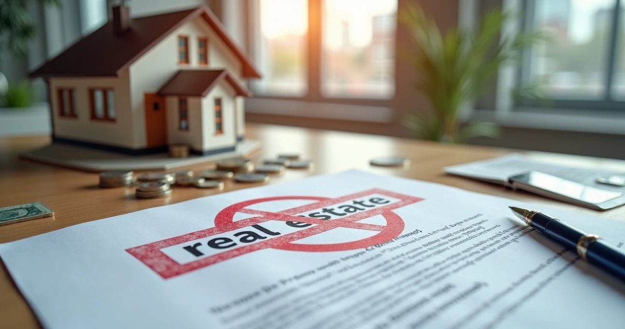 Contrato imobiliário com símbolos de dinheiro e marca de proibido