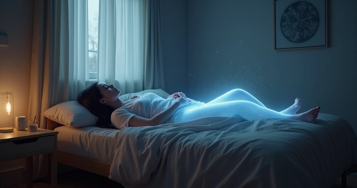 Pessoa deitada vendo seu corpo sutil flutuar sobre cama em quarto escuro 