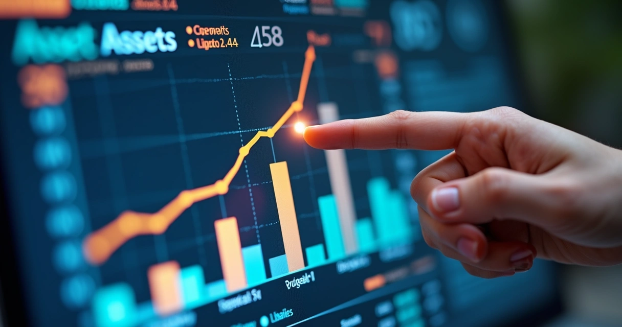 Gráfico colorido mostra a comparação entre ativos e passivos de uma empresa em um painel moderno 