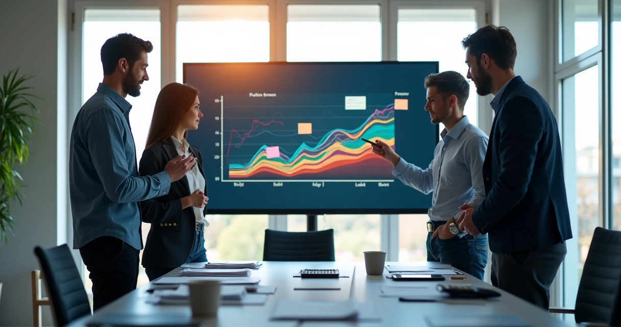 Equipe empresarial analisando gráfico de rolling forecast em tela 