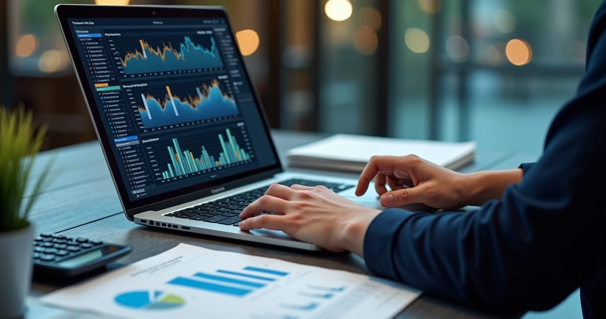 Análise de projeção de custos com gráficos e calculadora em tela de notebook